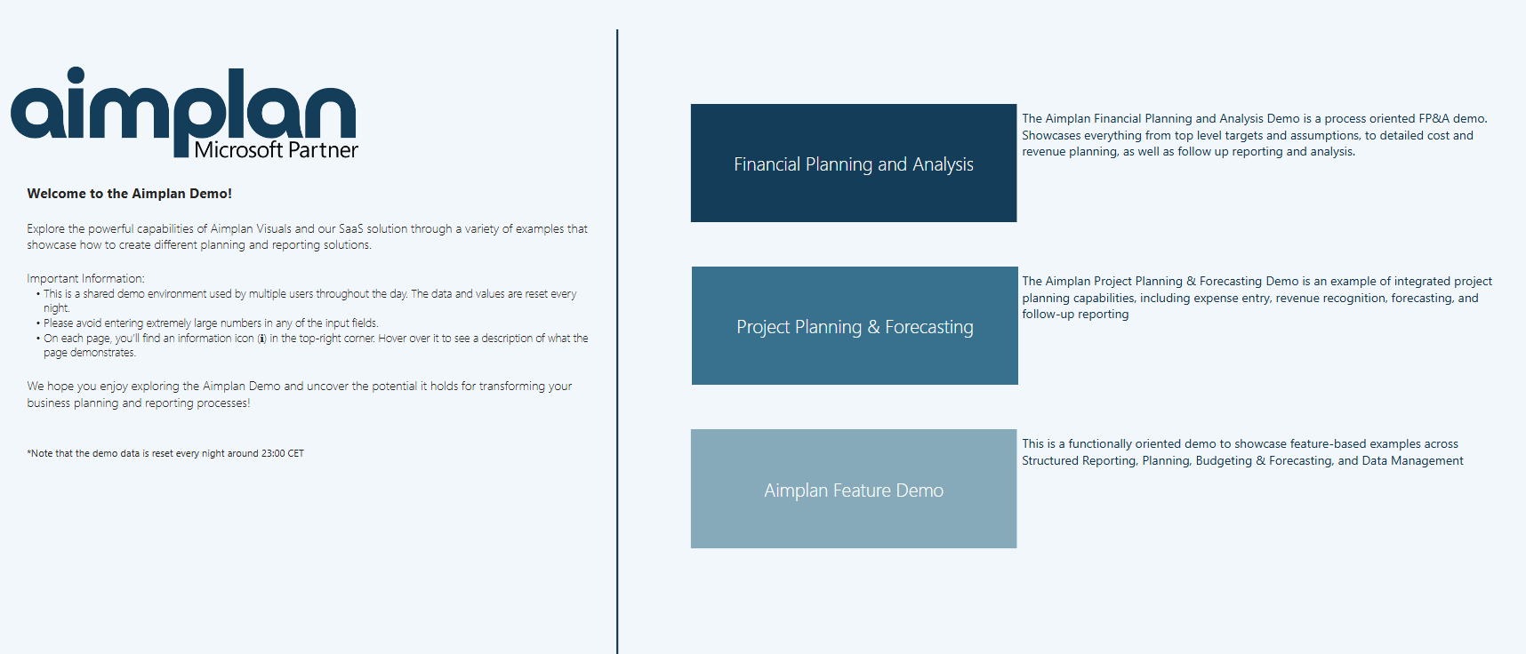Startsidan i Aimplans demomiljö med spåren Financial Planning and Analysis, Project Planning & Forecasting och Aimplan Feature Demo
